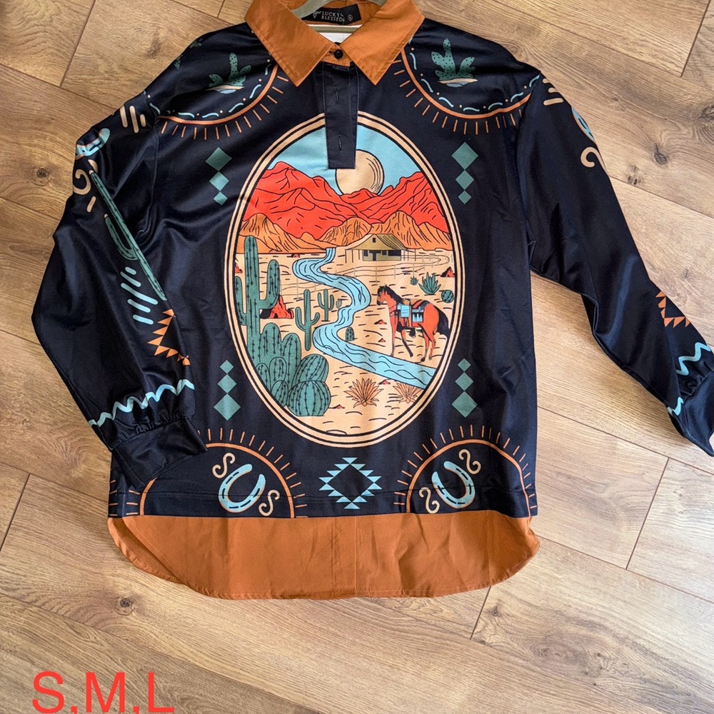 Lucky & Blessed Black and Orange Western Print Top